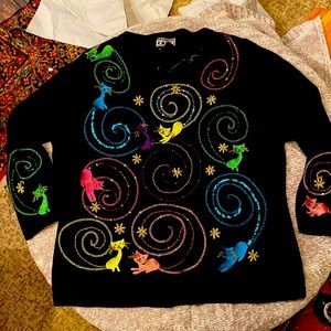 VINTAGE BEREK 2 Cat Sweater Beads Sequins XL Rainbow 🌈 Colors Bling Happy Cats